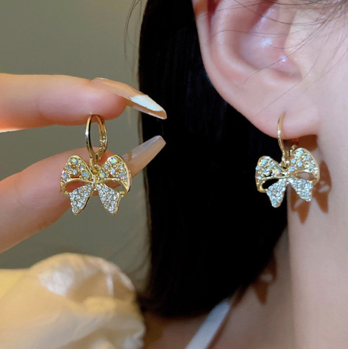 BOW TIE AD STONE DIAMOND KOREAN DROP HOOP EARRINGS