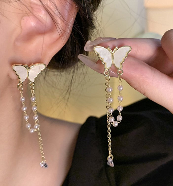 BUTTERFLY LONG CHAIN PEARLS ZIRCON KOREAN DROP EARRINGS