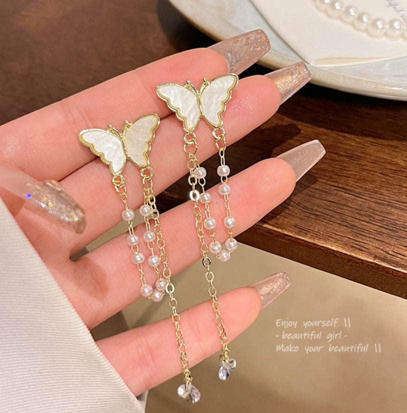 BUTTERFLY LONG CHAIN PEARLS ZIRCON KOREAN DROP EARRINGS