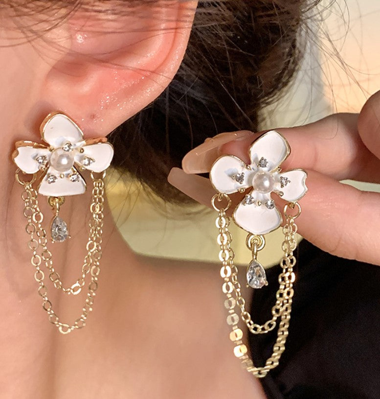 LONG CHAIN PEARL ZIRCON FLOWER KOREAN DROP EARRINGS