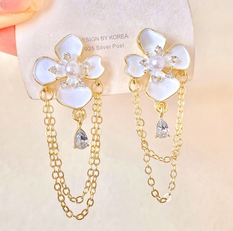 LONG CHAIN PEARL ZIRCON FLOWER KOREAN DROP EARRINGS
