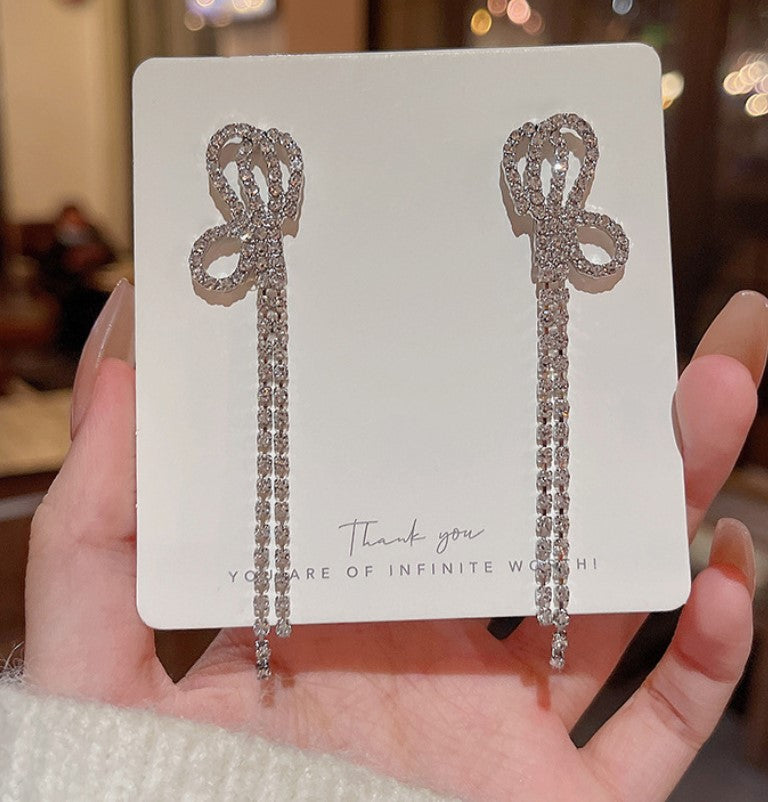 LONG BOW SHAPE DIAMOND ZIRCON KOREAN TASSEL DROP EARRINGS