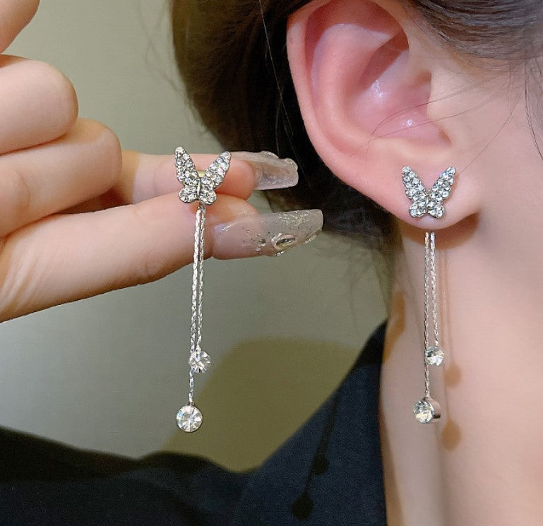 LONG BUTTERFLY ZIRCON DIAMOND KOREAN DROP EARRINGS