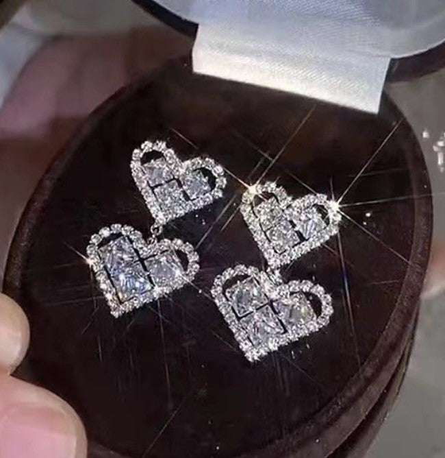 SILVER HEART DIAMOND KOREAN DROP EARRINGS