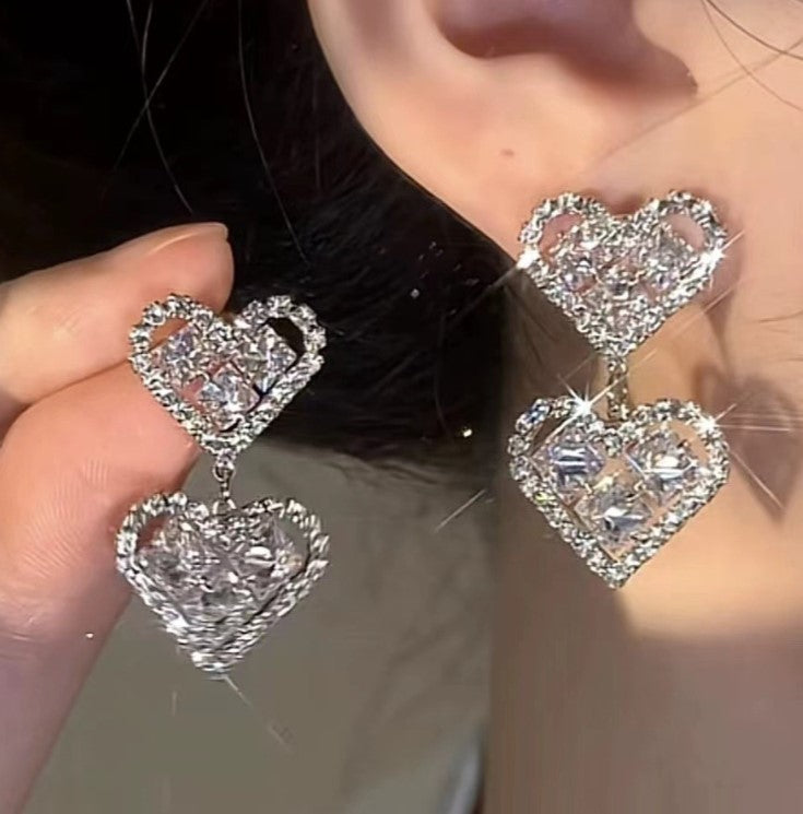 SILVER HEART DIAMOND KOREAN DROP EARRINGS