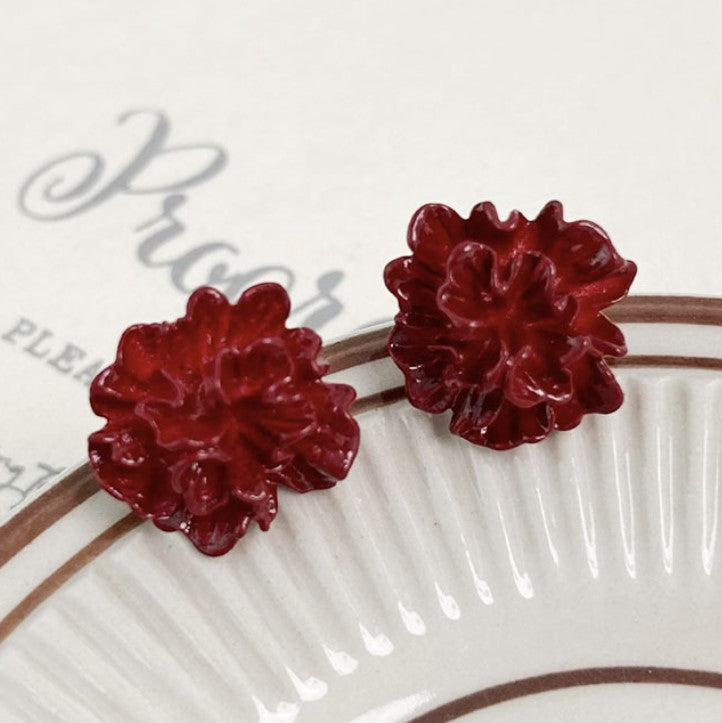 RED FLORAL FLOWER KOREAN STUDS EARRINGS