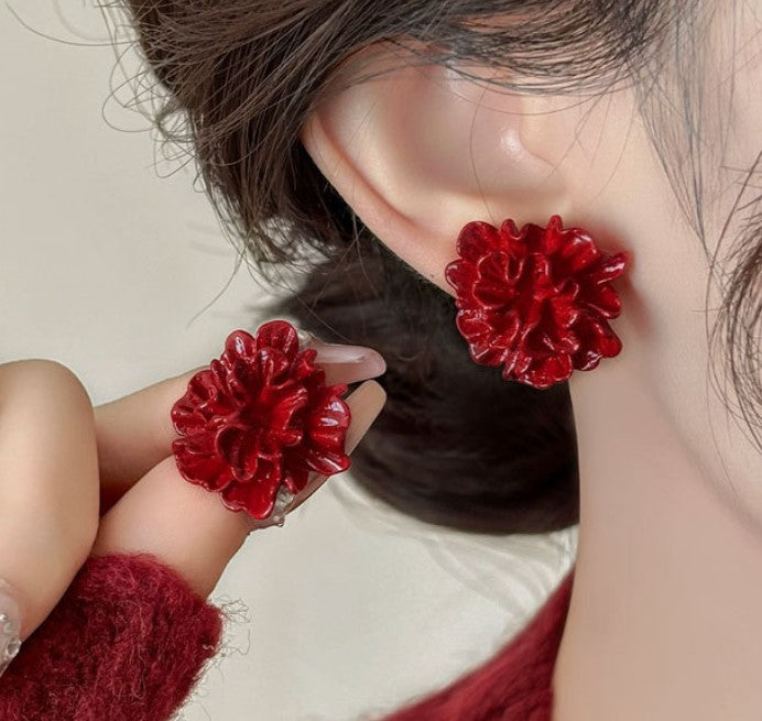 RED FLORAL FLOWER KOREAN STUDS EARRINGS