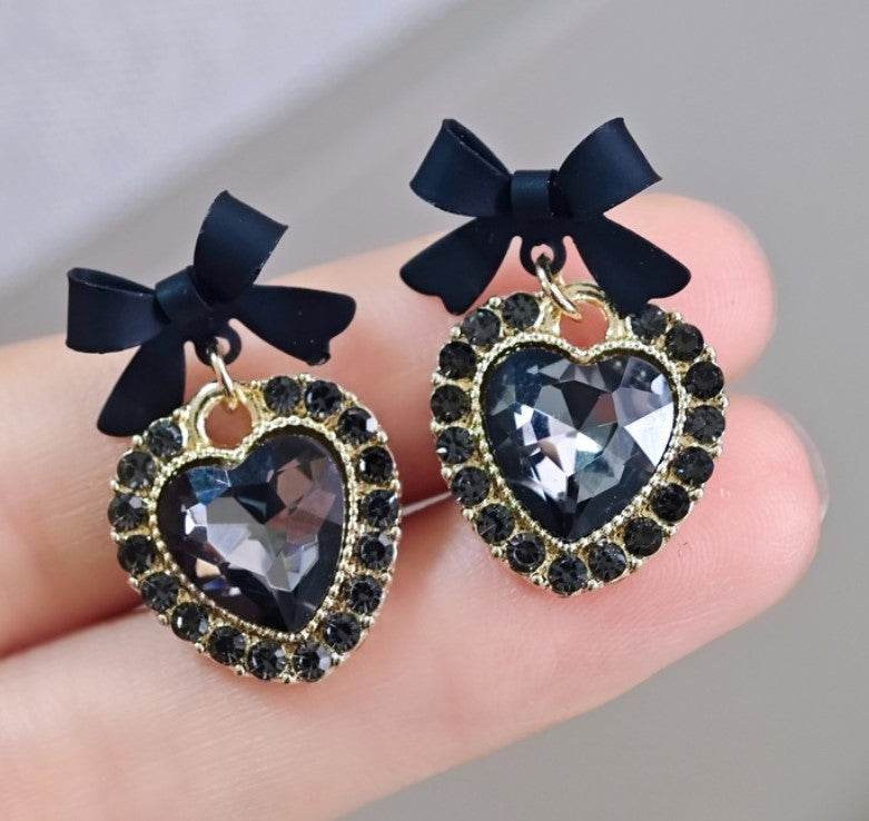 BLACK BOW TIE HEART DIAMOND KOREAN DROP EARRINGS