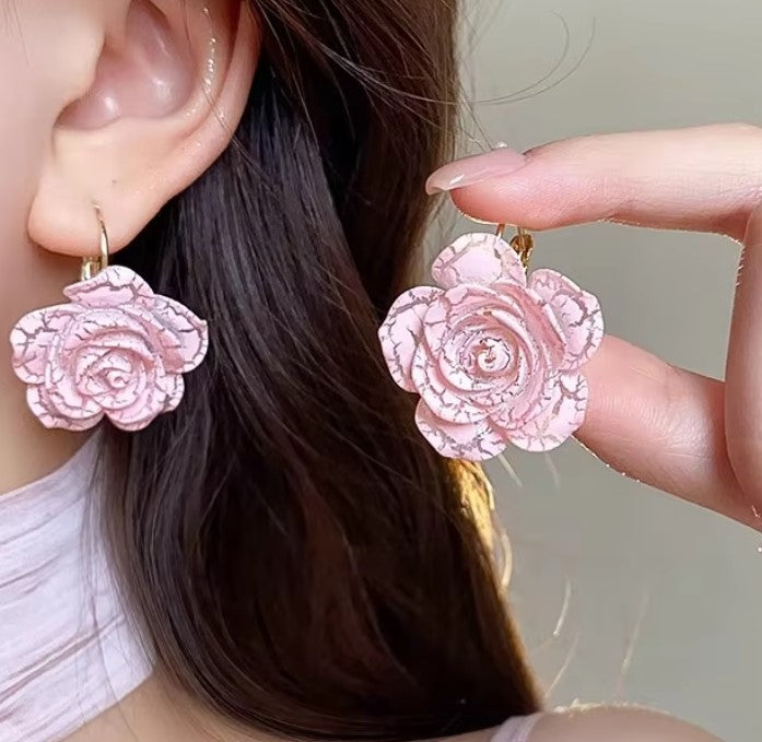 PINK ROSE FLOWER KOREAN HOOP EARRINGS