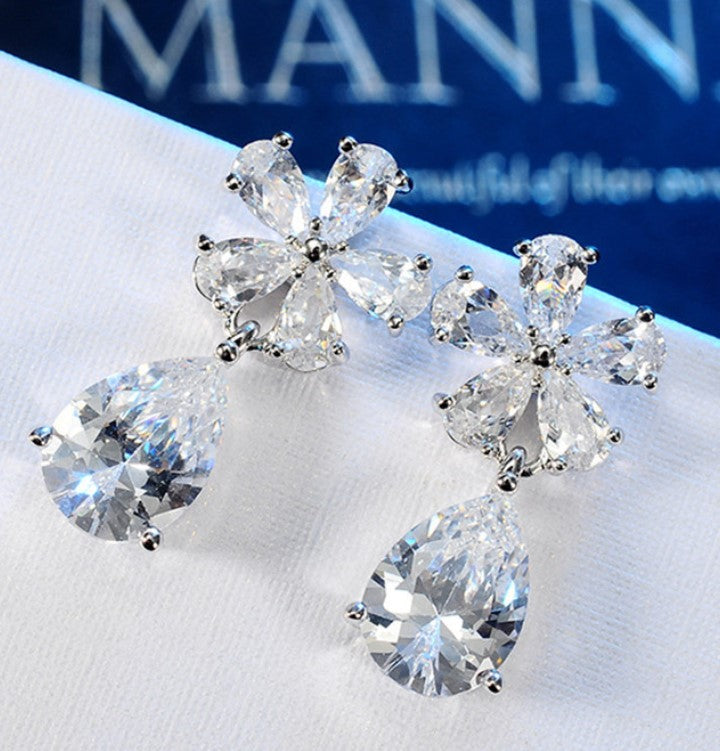 SILVER FLORAL ZIRCON TEAR DROP KOREAN EARRINGS