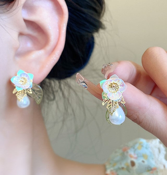 PEARLS FLOWER KOREAN DROP EARRINGS