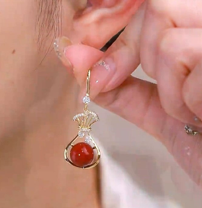 RED PEARLS ZIRCON DIAMOND KOREAN DROP EARRINGS