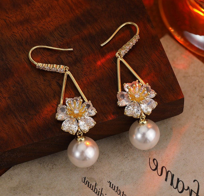 FLORAL PEARLS ZIRCON KOREAN DROP EARRINGS