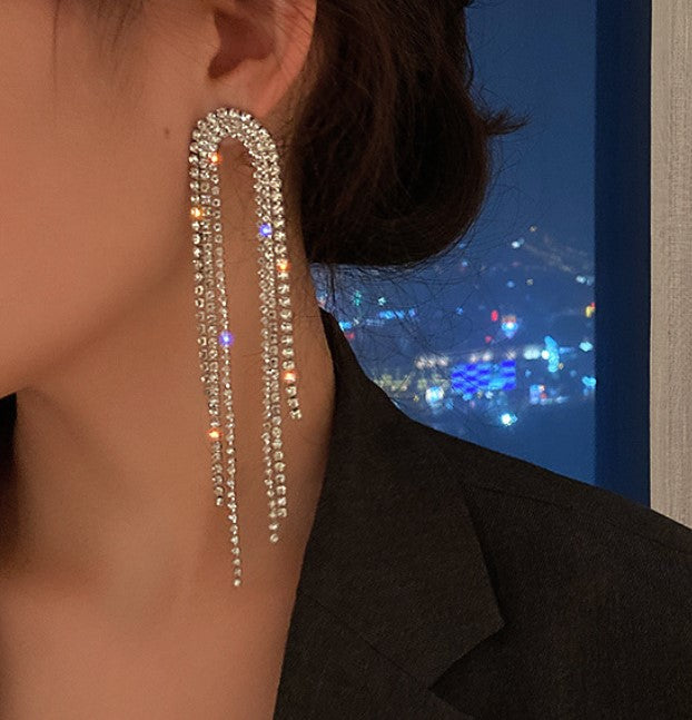 SILVER LONG CRYSTALS KOREAN DROP EARRING