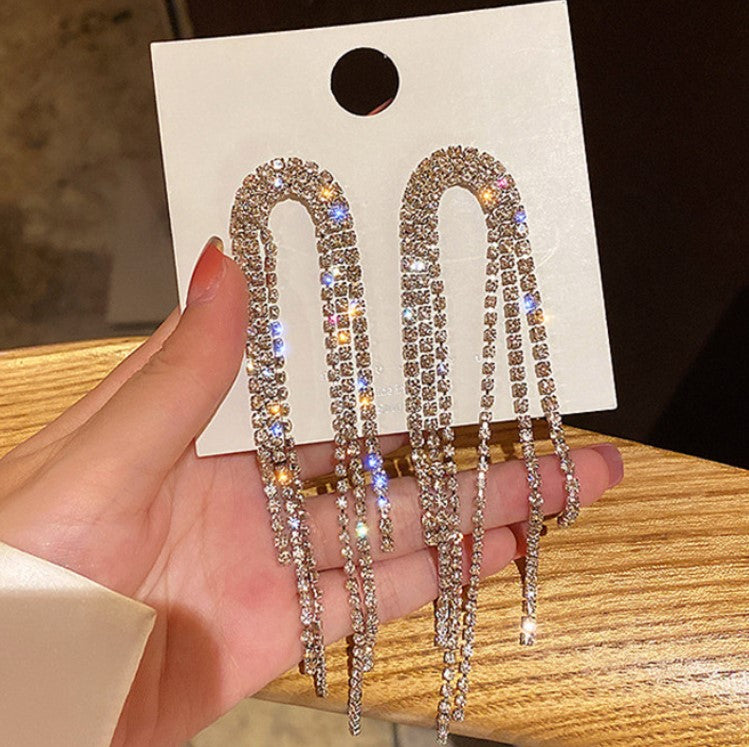 SILVER LONG CRYSTALS KOREAN DROP EARRING