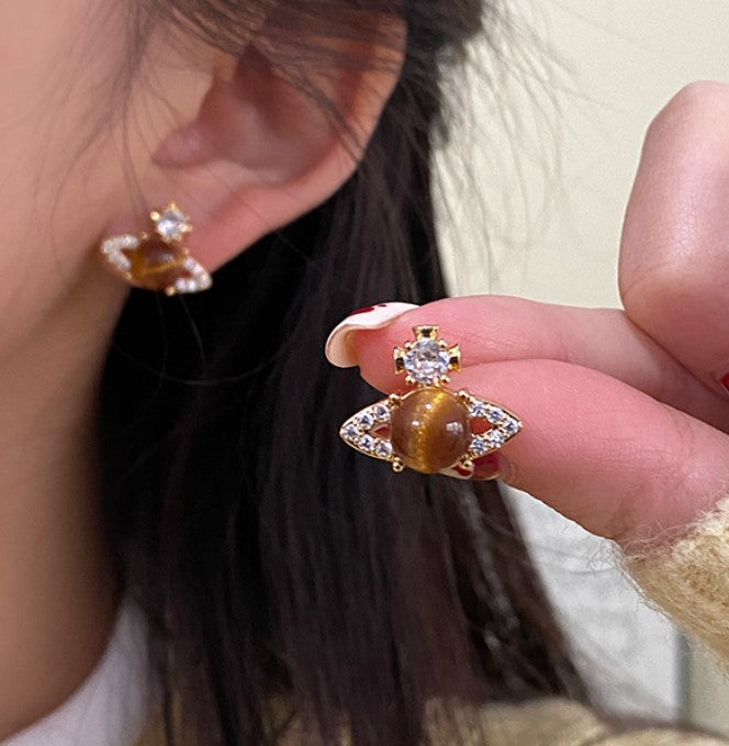 BROWN TIGER EYE KOREAN STUD EARRING