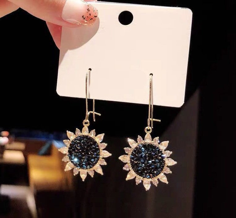 BLUE CRYSTALS SUNFLOWER KOREAN DROP EARRING