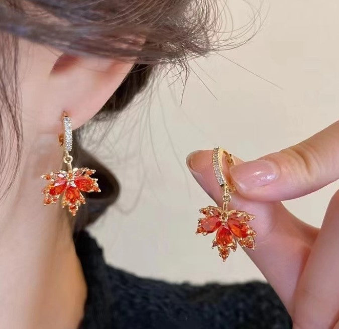 RED CRYSTAL LEAF KOREAN DROP & HOOP EARRING