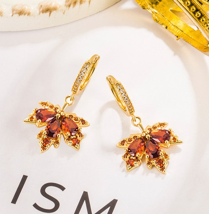 RED CRYSTAL LEAF KOREAN DROP & HOOP EARRING