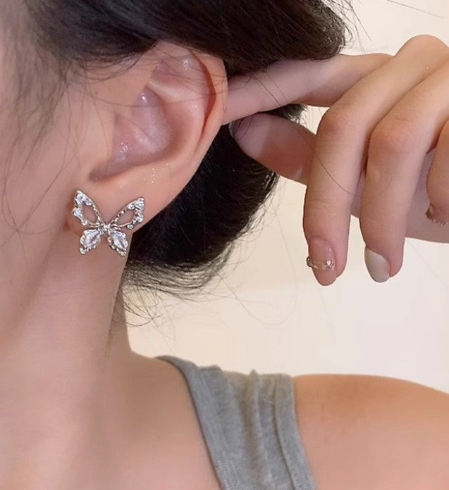 SILVER BUTTERFLY CRYSTALS KOREAN STUD EARRINGS