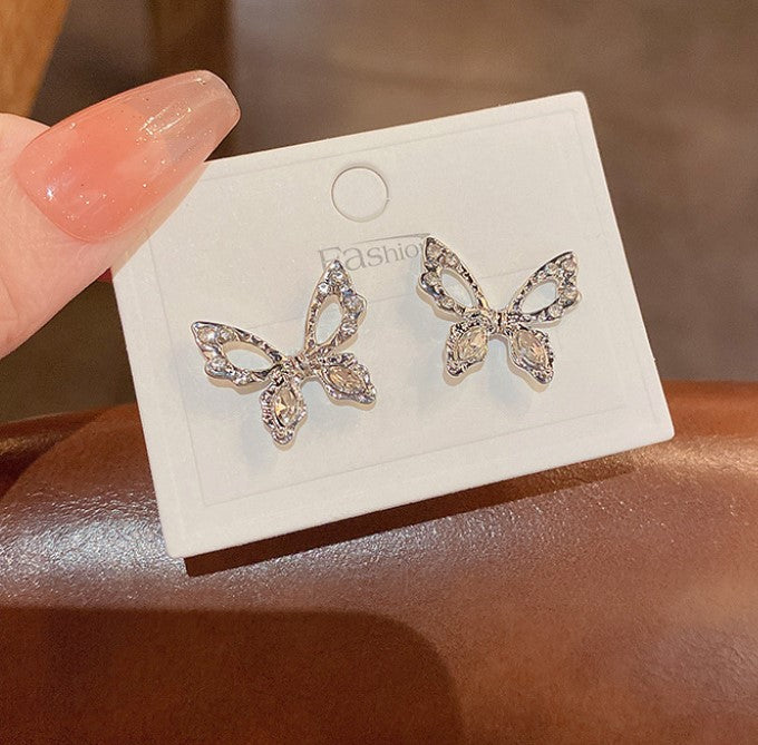 SILVER BUTTERFLY CRYSTALS KOREAN STUD EARRINGS