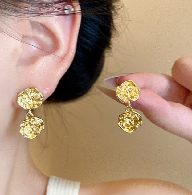 GOLD ROSE FLOWER KOREAN DROP EARRINGS