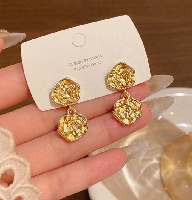 GOLD ROSE FLOWER KOREAN DROP EARRINGS