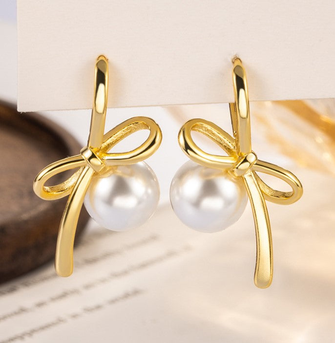BOW TIE PEARL KOREAN DROP EARRINGS