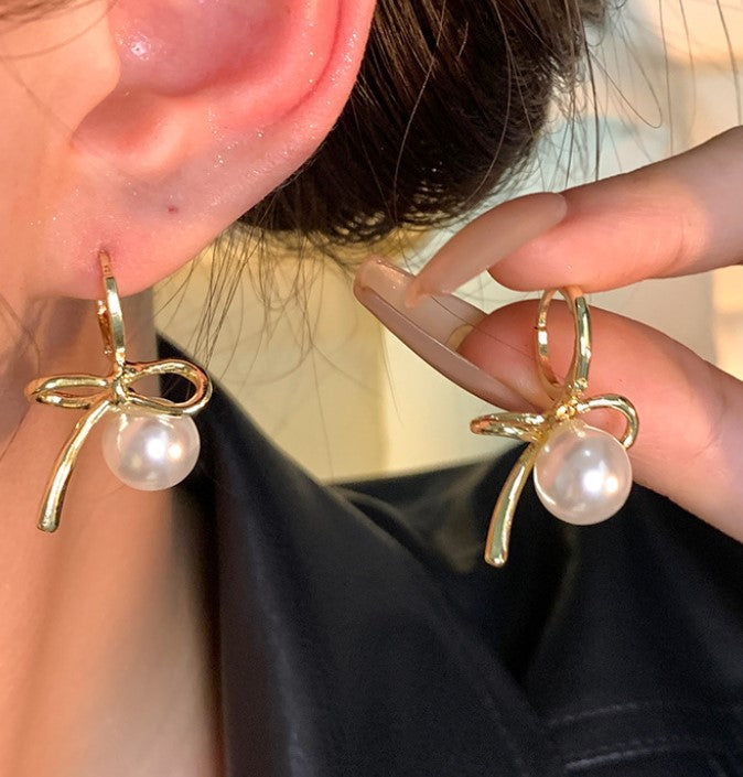 BOW TIE PEARL KOREAN DROP EARRINGS