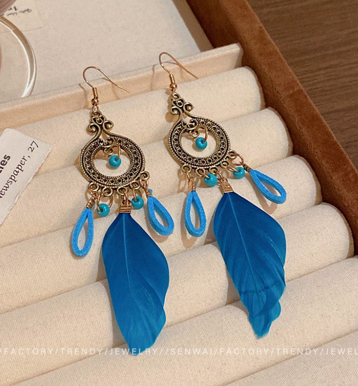BLUE LONG FEATHER KOREAN DROP EARRINGS