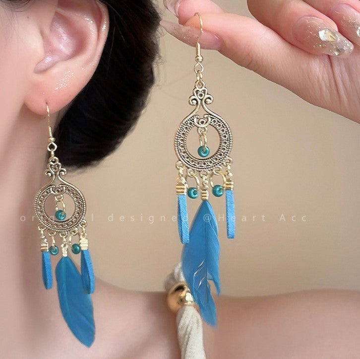 BLUE LONG FEATHER KOREAN DROP EARRINGS