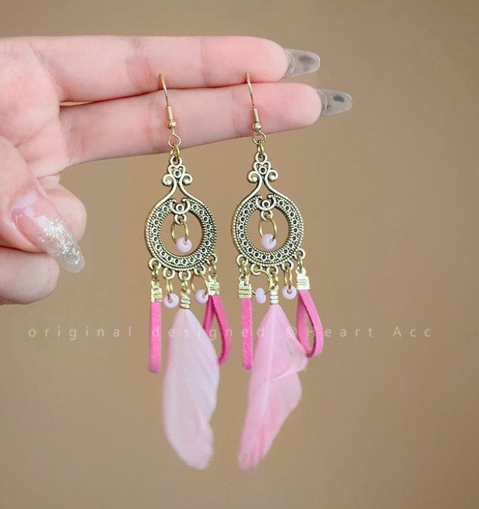 PINK LONG FEATHER KOREAN DROP EARRINGS