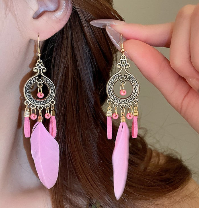 PINK LONG FEATHER KOREAN DROP EARRINGS