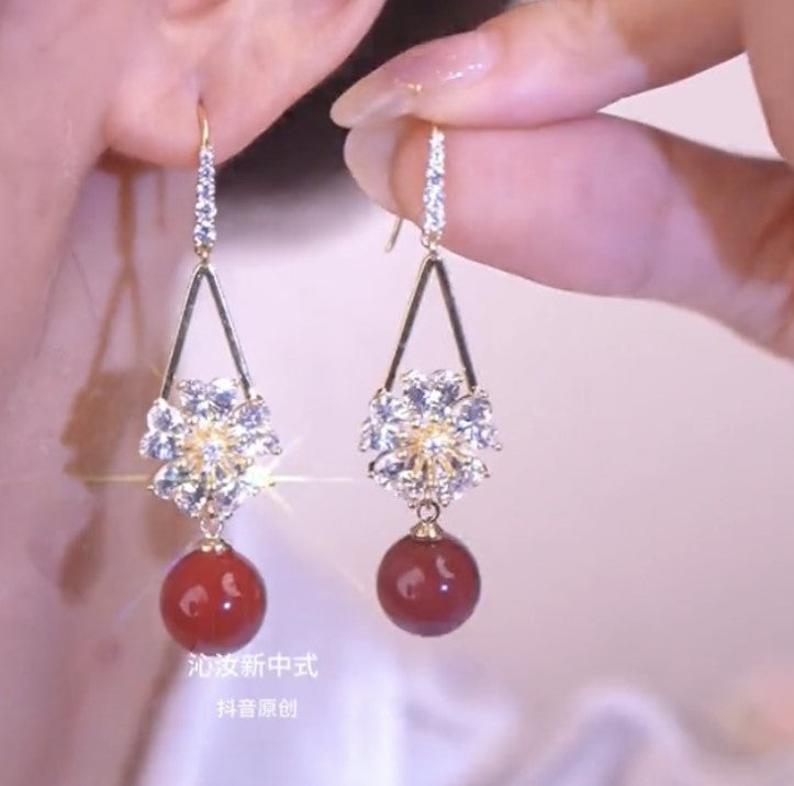 RED FLOWER KOREAN DROP EARRINGS