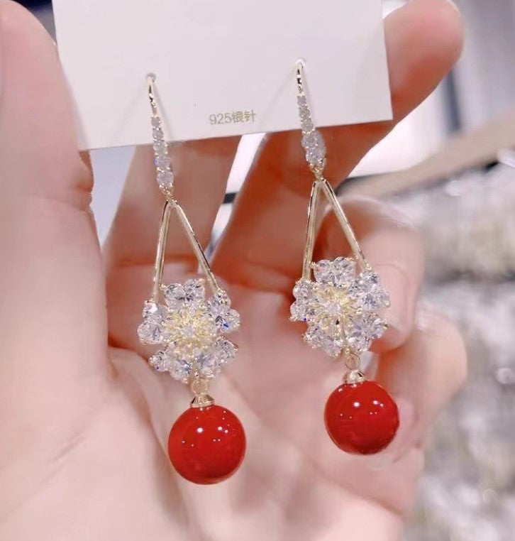 RED FLOWER KOREAN DROP EARRINGS