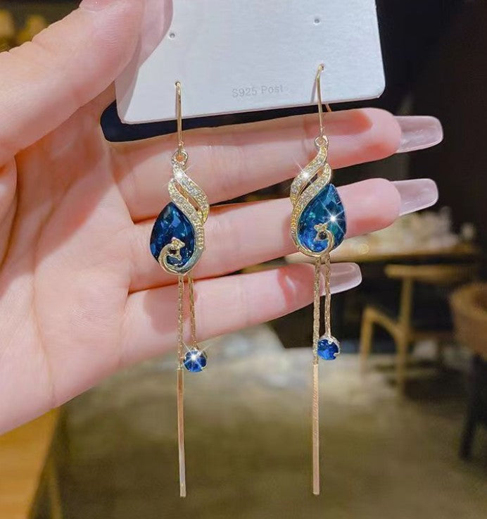 LONG PEACOCK TASSEL DROP KOREAN EARRINGS
