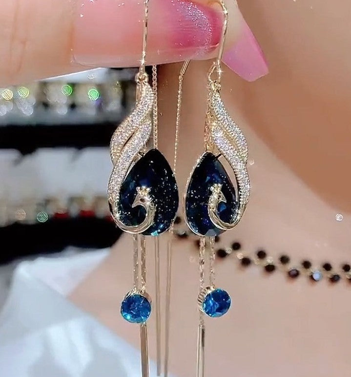 LONG PEACOCK TASSEL DROP KOREAN EARRINGS