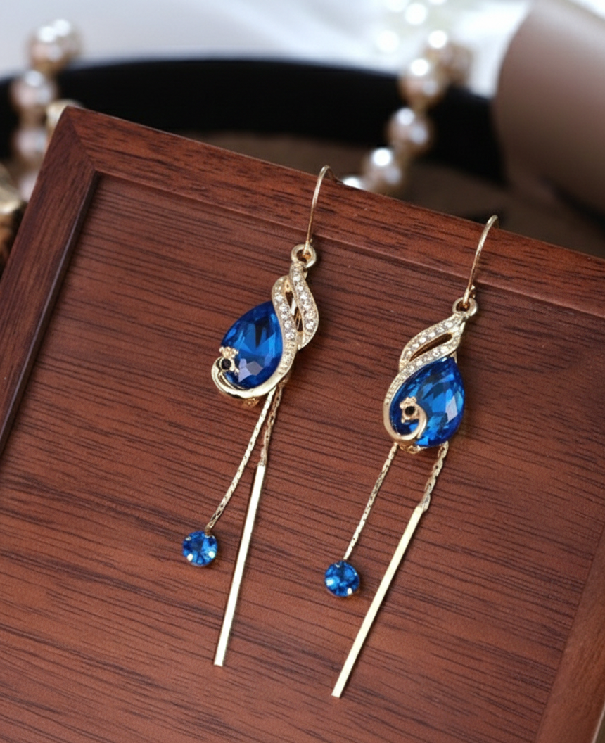 LONG PEACOCK TASSEL DROP KOREAN EARRINGS