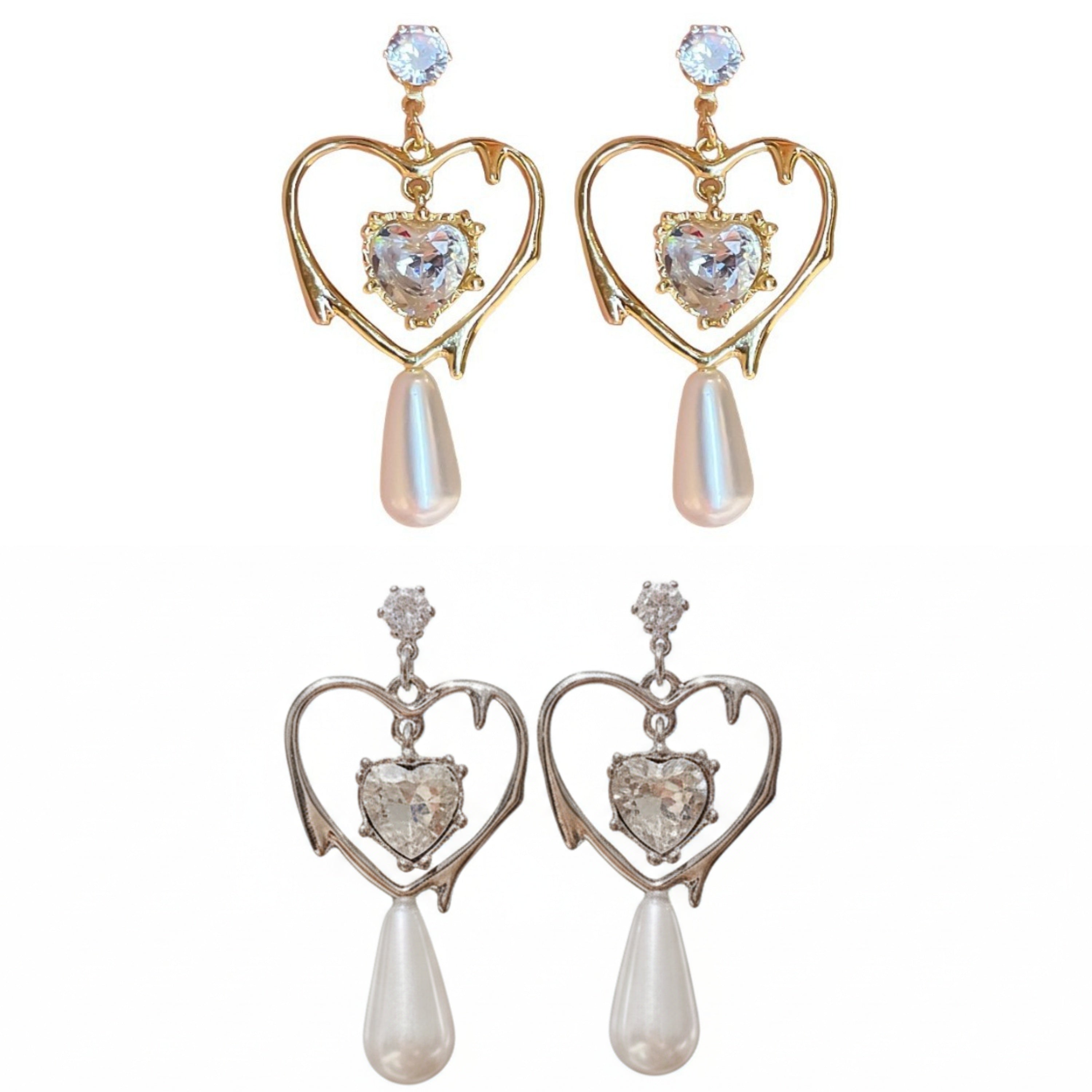 HEART PEARL AD STONE DROP KOREAN EARRINGS