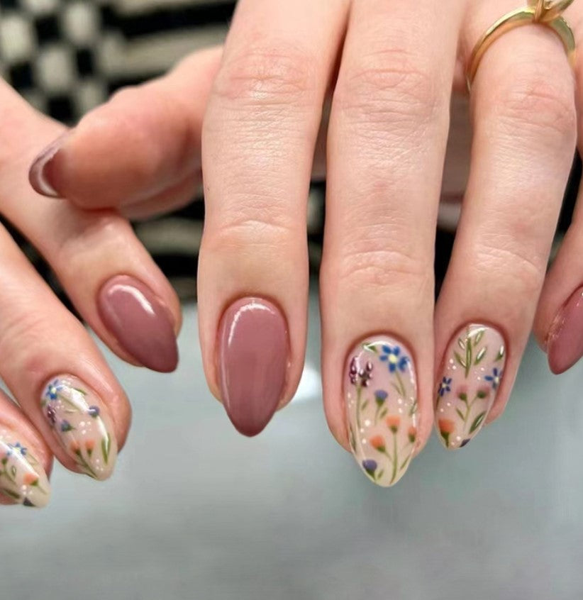 SHORT 30 PC ARTIFICIAL NAILS FLOWER MULTICOLOR W/ KIT