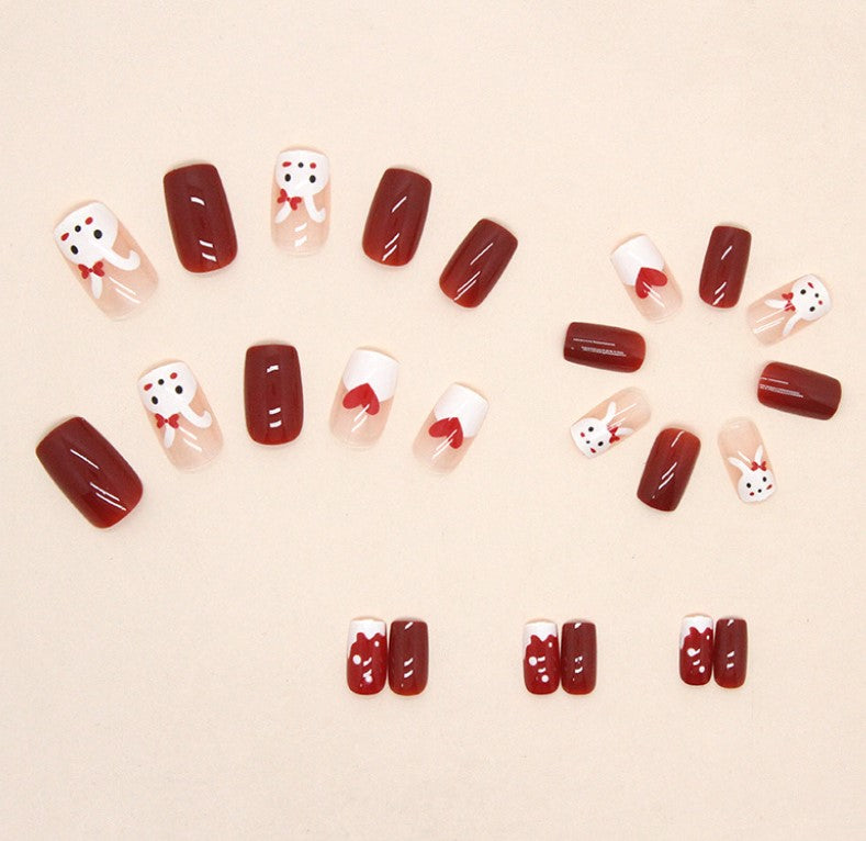 MEDIUM LONG 24 PC ARTIFICIAL NAILS RABBIT RED WHITE W/ KIT