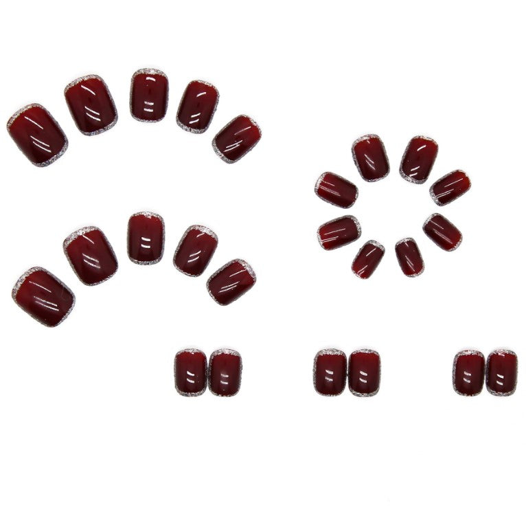 SHORT 24 PC ARTIFICIAL NAILS BURGUNDY RED W/ KIT