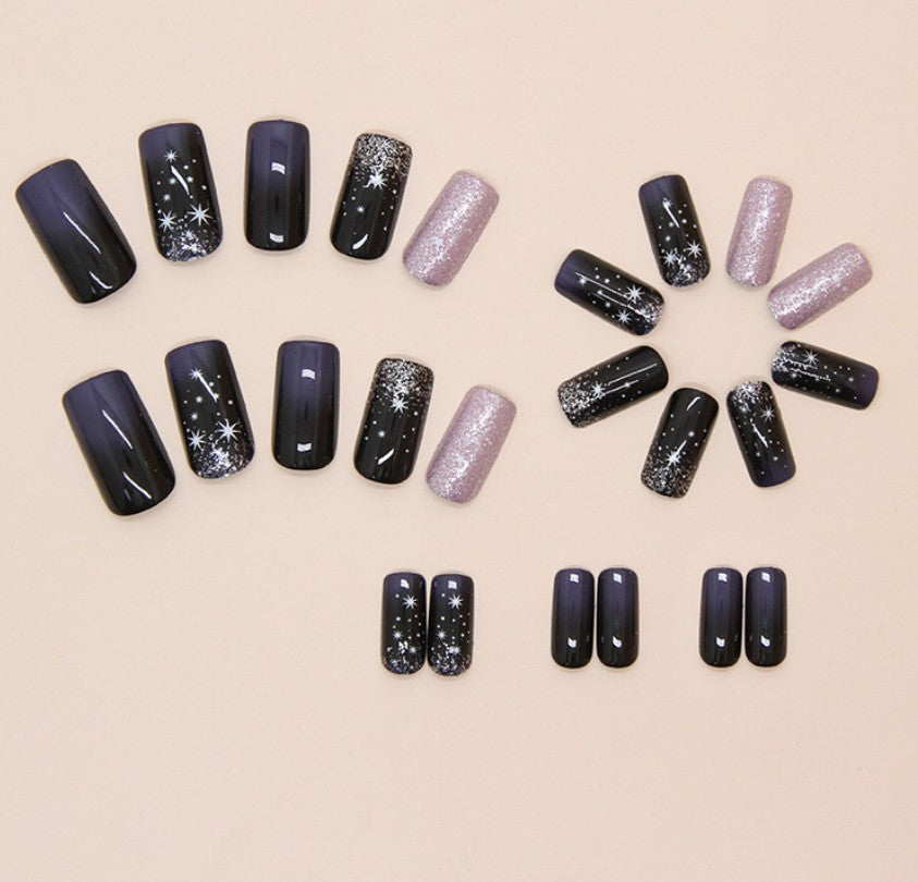 MEDIUM 24 PC ARTIFICIAL NAILS NIGHT SKY STARS PURPLE W/ KIT