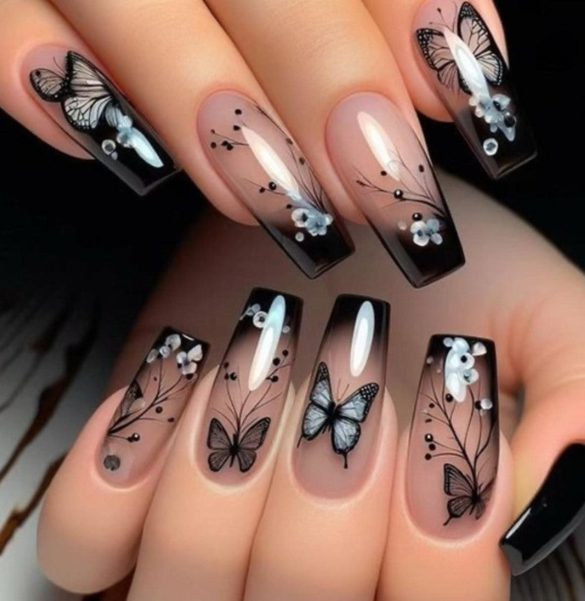 LONG 24 PC ARTIFICIAL NAILS BUTTERFLY BLACK W/ KIT