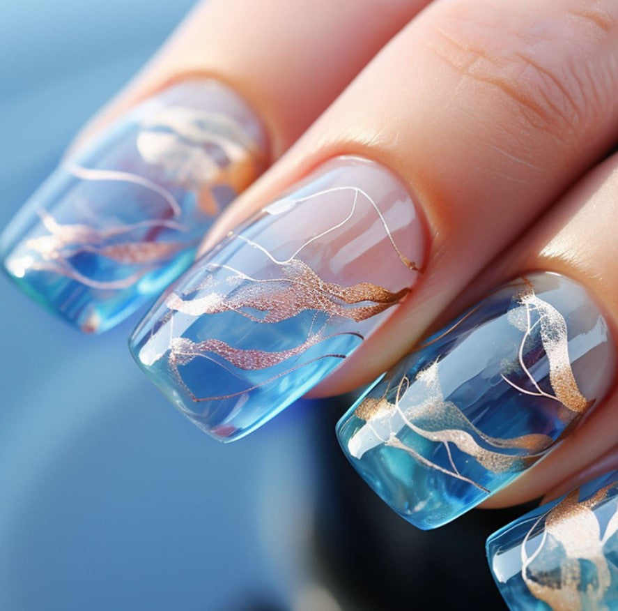 MEDIUM 24 PC ARTIFICIAL NAILS BLUE GOLD FOIL W/ KIT