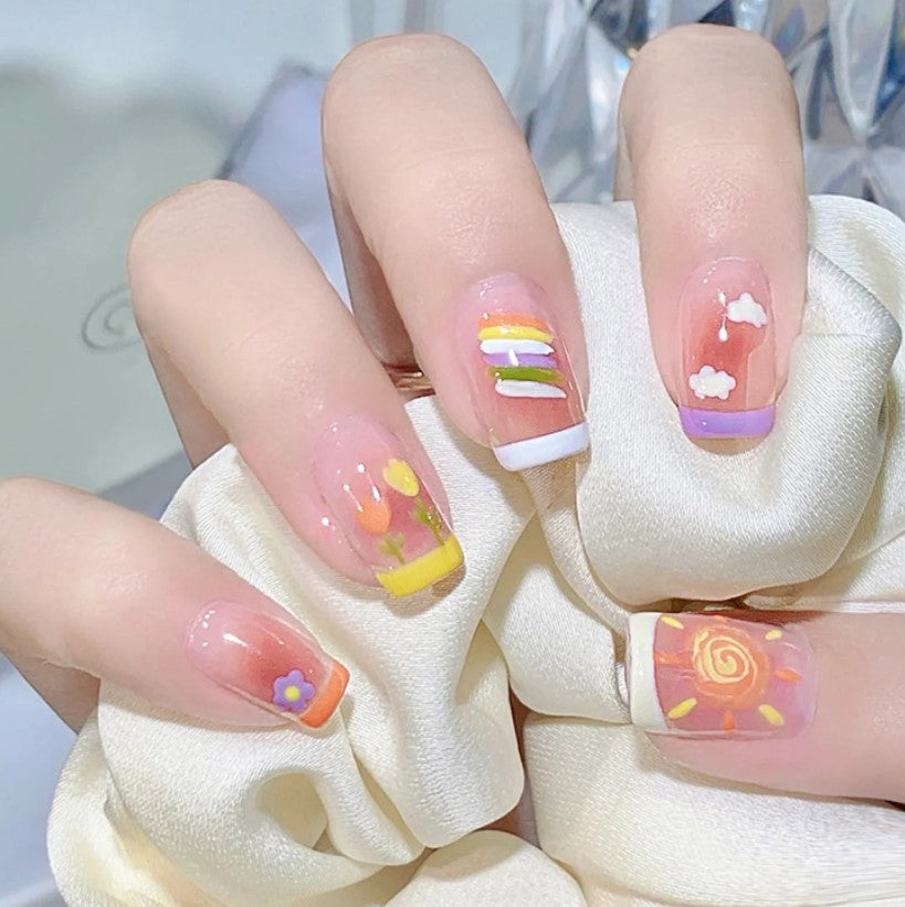 SHORT 24 PC ARTIFICIAL NAILS MULTICOLOR W/ KIT