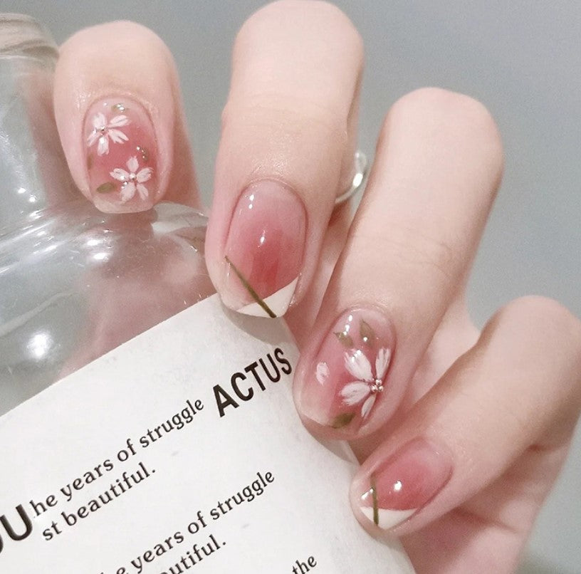 SHORT 24 PC ARTIFICIAL NAILS FLORAL PINK WHITE W/ KIT