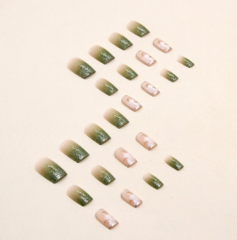 MEDIUM 24 PC ARTIFICIAL NAILS FLOWER GREEN W/ KIT