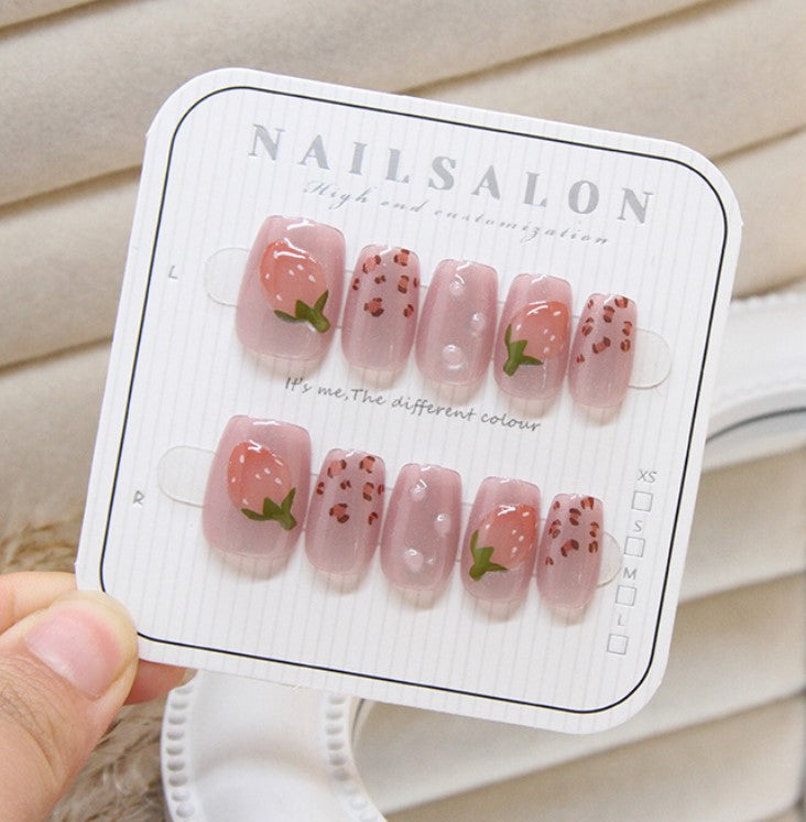 MEDIUM 10 PC ARTIFICIAL NAILS STRAWBERRY ART MULTICOLOR W/ KIT