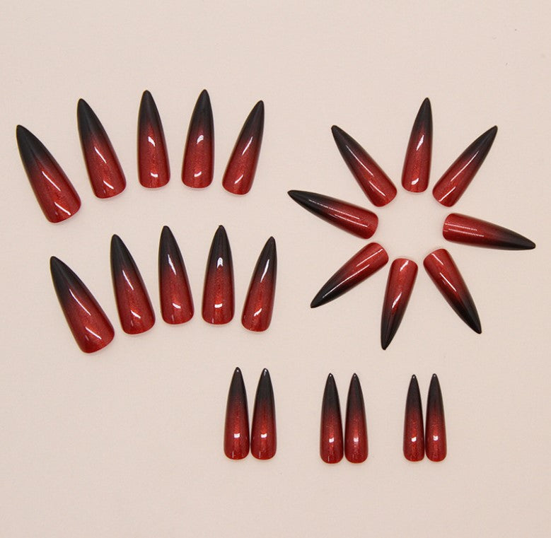 LONG 24 PC ARTIFICIAL NAILS BLACK WINE RED
